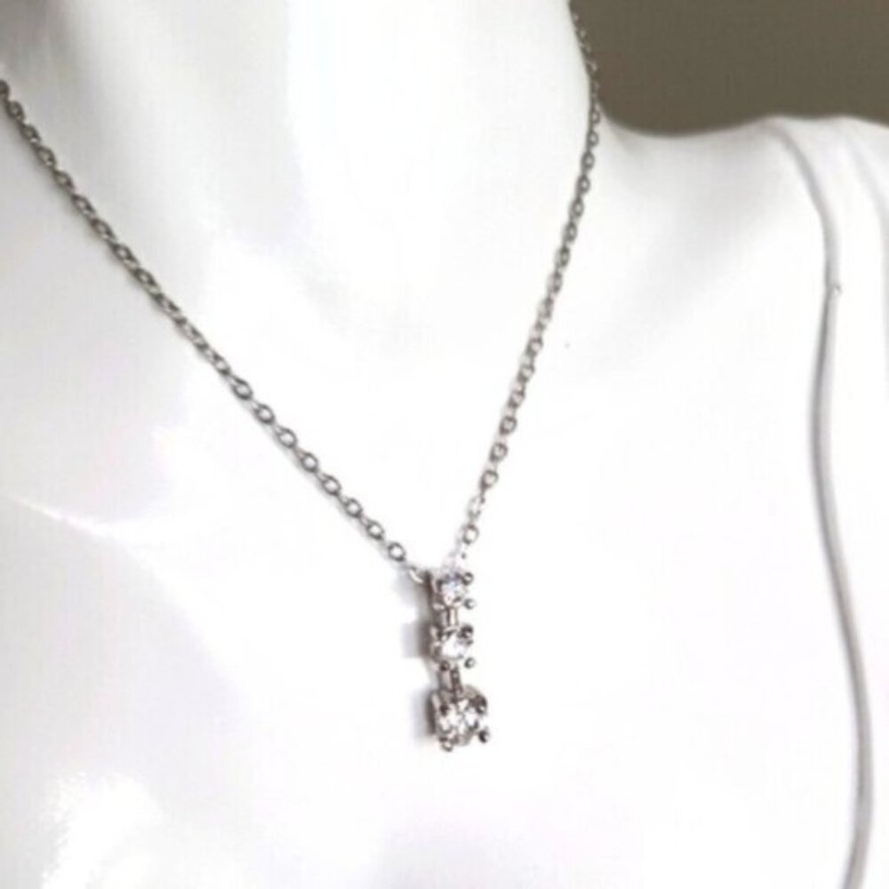 Elegant Sterling Silver 3 Row Layered Stone Rhinestone CZ Crystal Necklace